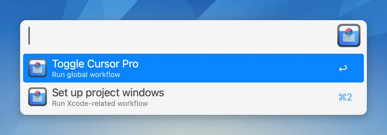 Screenshot of the Raycast window with the BarCuts logo in the upper right corner, two workflows in the selection list, and the Raycast action panel open, displaying the actions "Run Workflow" (Return) and "Open in Shortcuts Editor" (Shift-Return).
