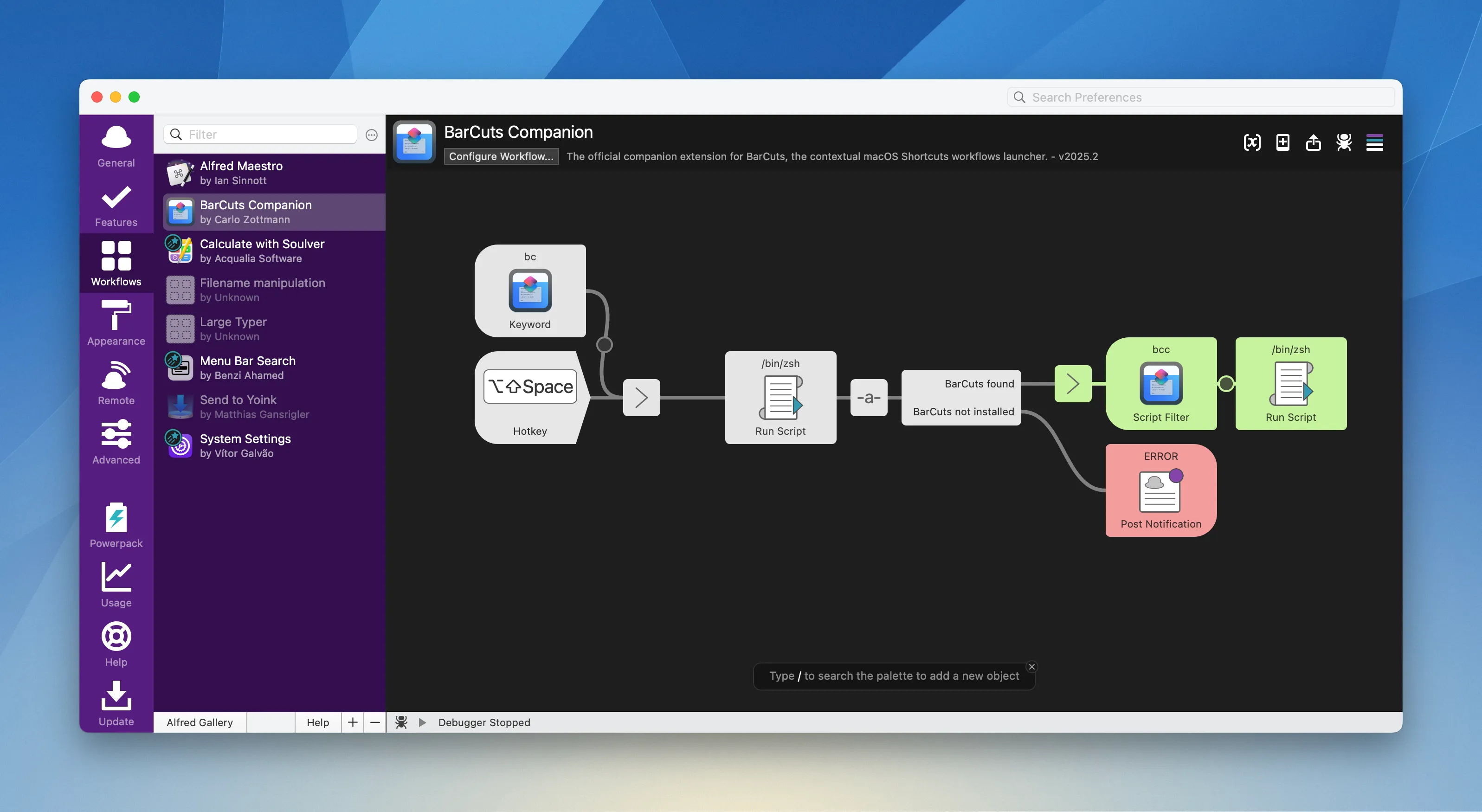 Screenshot of the Alfred Preferences workflow window with BarCuts Companion selected.