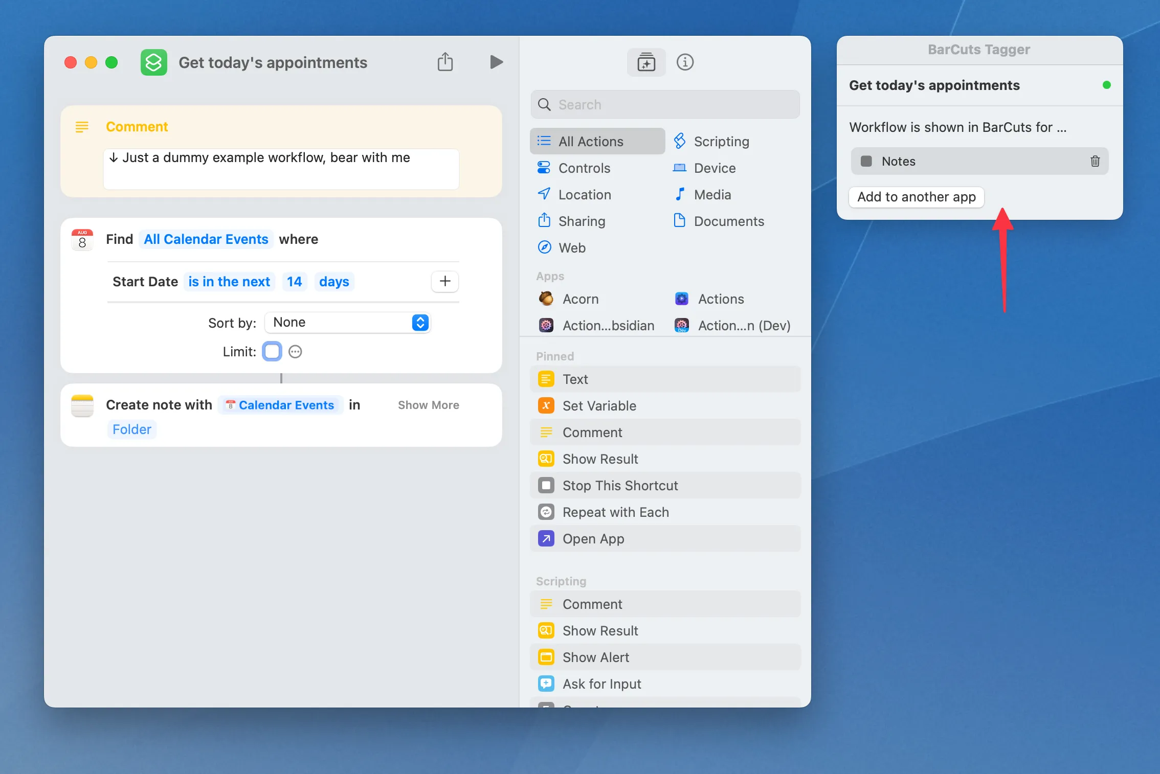 Screenshot of the Shortcuts editor, a workflow title "Get today's appointments" is open. The workflow consists of three actions: (1) A comment block reading "↓ Just a dummy example workflow, bear with me". (2) A "Find Calendar Events" action, set to return all events for the current day. (3) A "Create Note" action, c/o the Notes app, set to write all found events to a new note whose title is the current date. Next to the Shortcuts window is a panel titled "BarCuts Tagger", reading "Workflow is shown in BarCuts for …", followed by a list entry "Notes", followed by a button "Add to another app".
