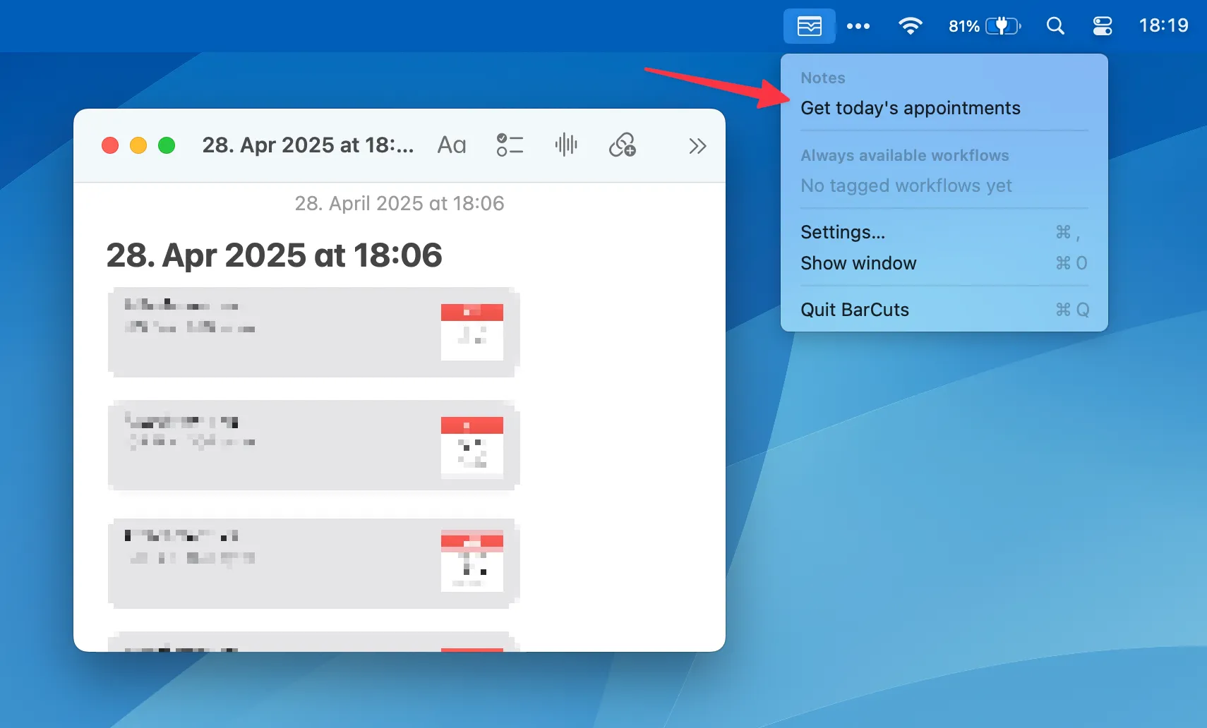 Screenshot of a macOS desktop, the Notes app is in foreground, a note with the current date (28. Apr 2025) is shown, the BarCuts menu is open below its menu bar icon, listing the "Get today's appointments" workflow.
