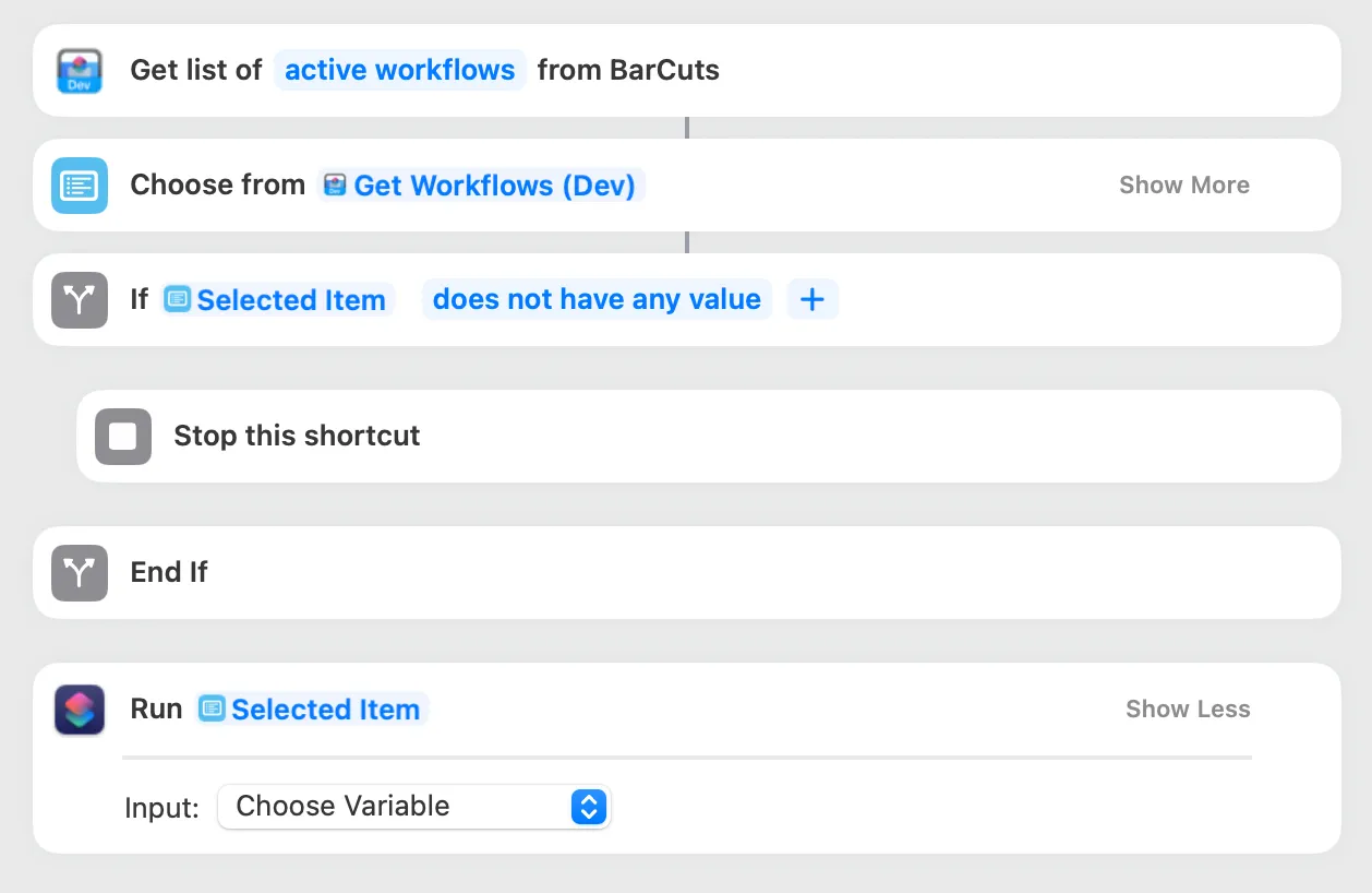 Screenshot of a Shortcuts workflow, as described below