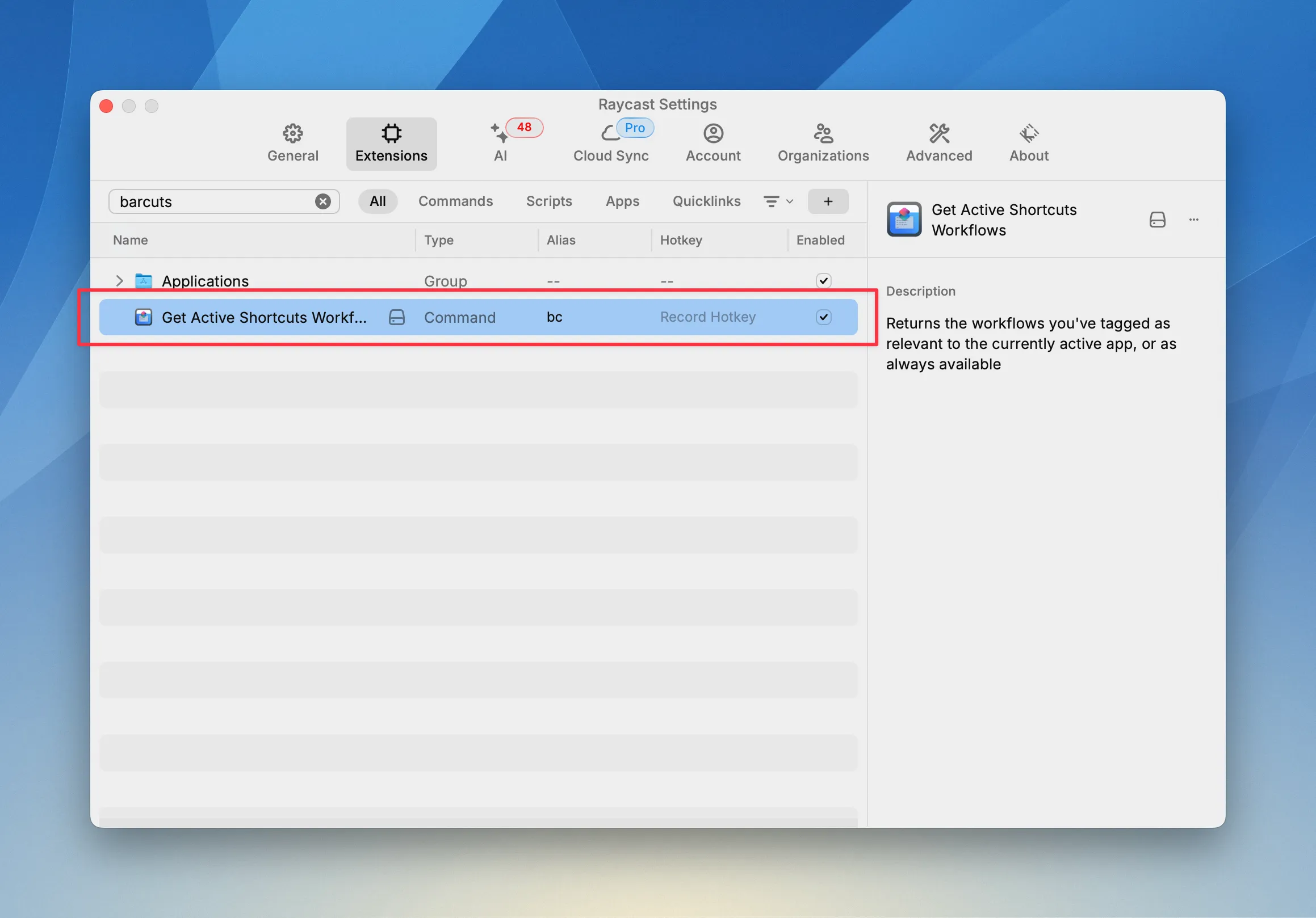 Screenshot of the Raycast settings window with the BarCuts action highlighted.