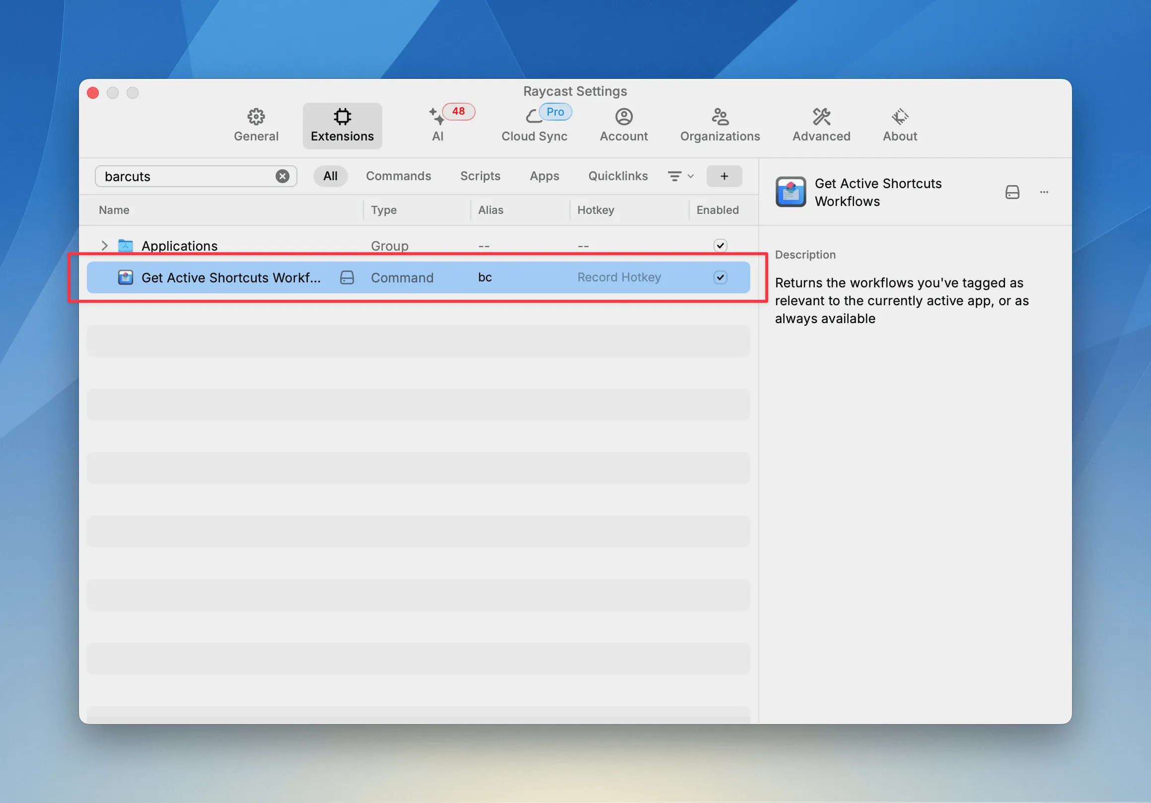 Screenshot of the Raycast settings window with the BarCuts action highlighted.