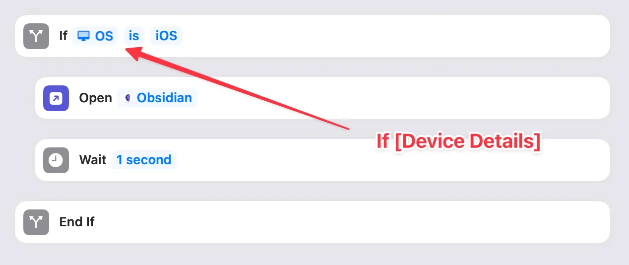 A screenshot of the described procedure: An "If" action containing a "Open app" action and a "Wait" action before the "End If".