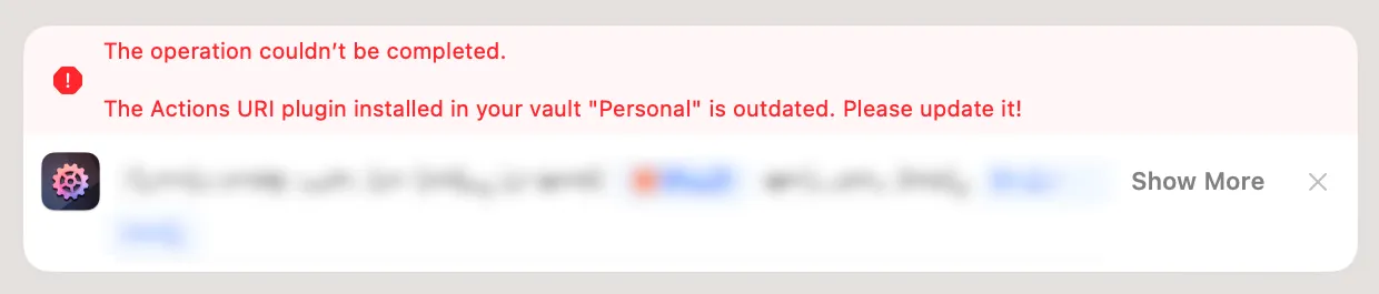 Screenshot of the Shortcuts editor, showing an AFO action headlined by the alert message