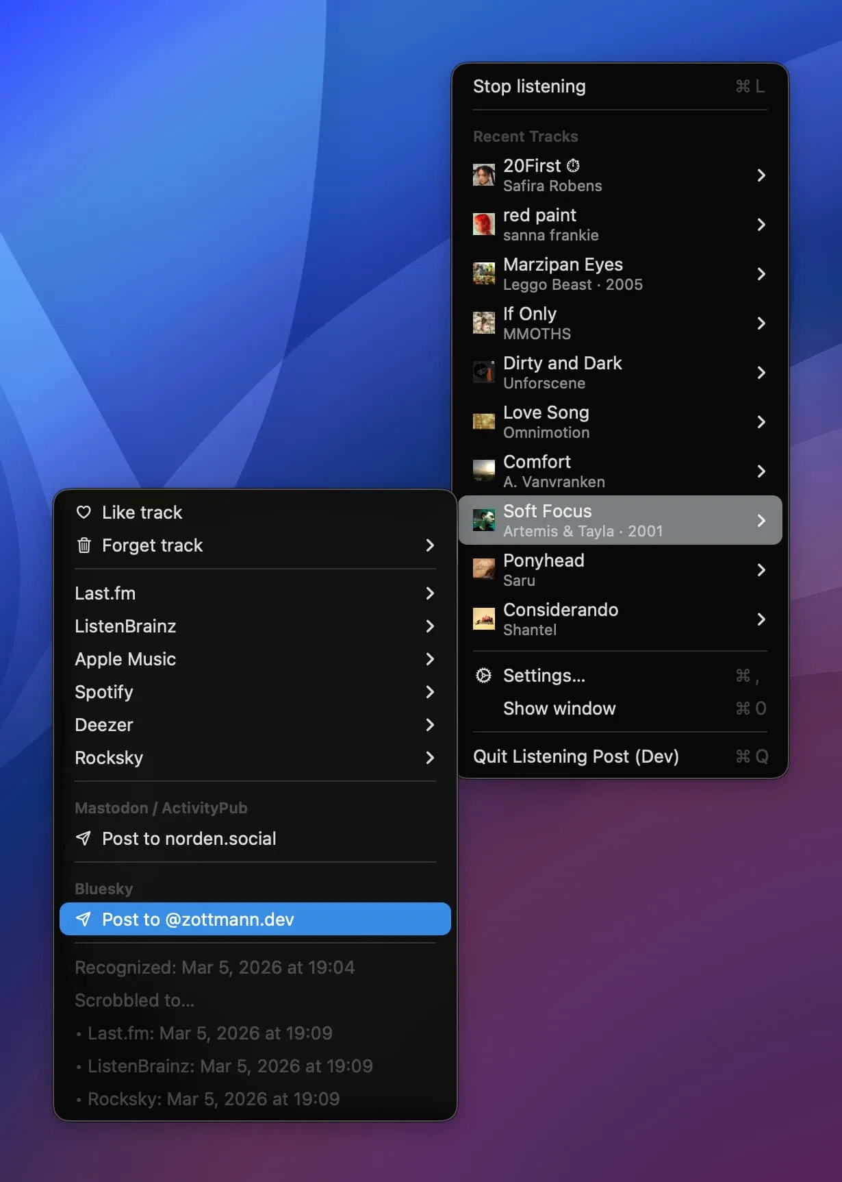 Bluesky track menu
