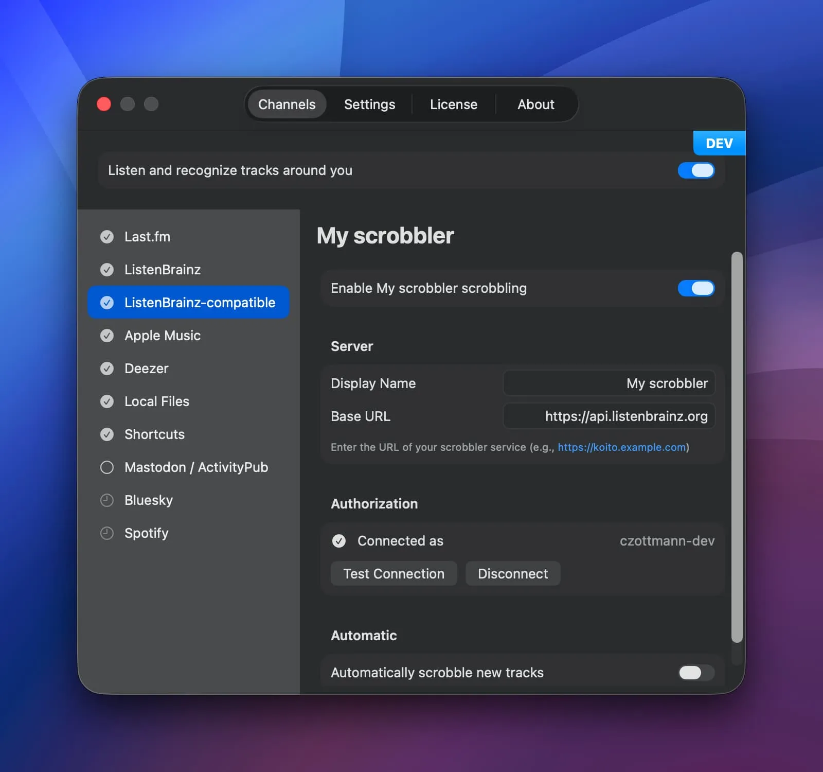 ListenBrainz-compatible channel configuration
