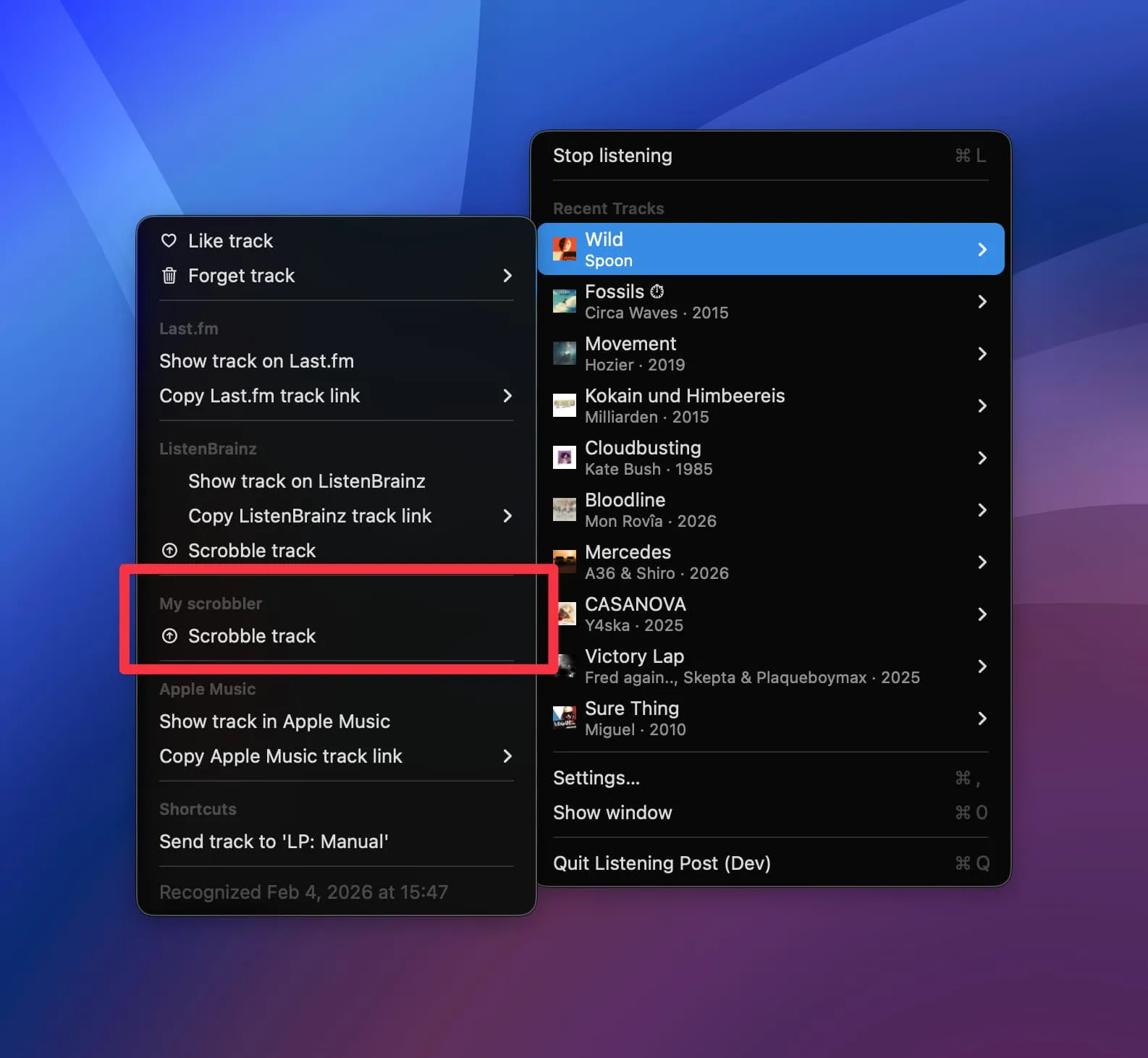 ListenBrainz-compatible track menu actions