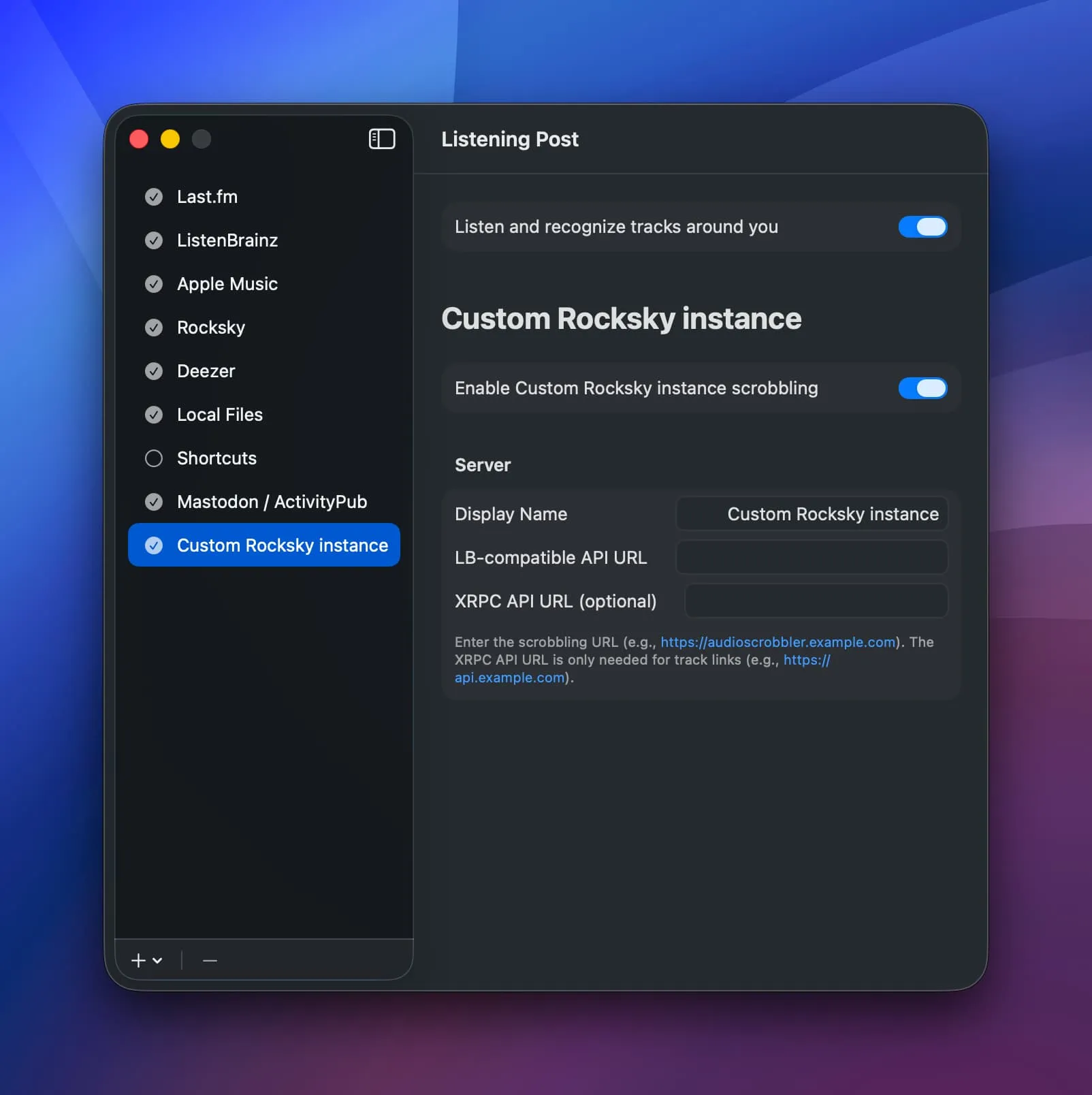 Custom Rocksky Instance channel configuration