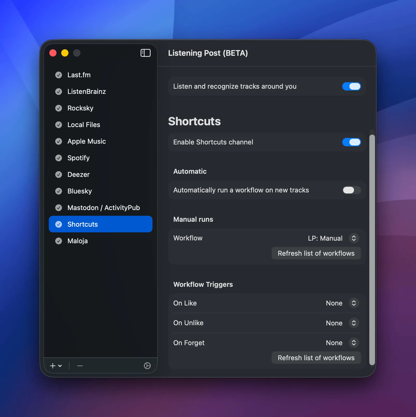 Shortcuts channel configuration