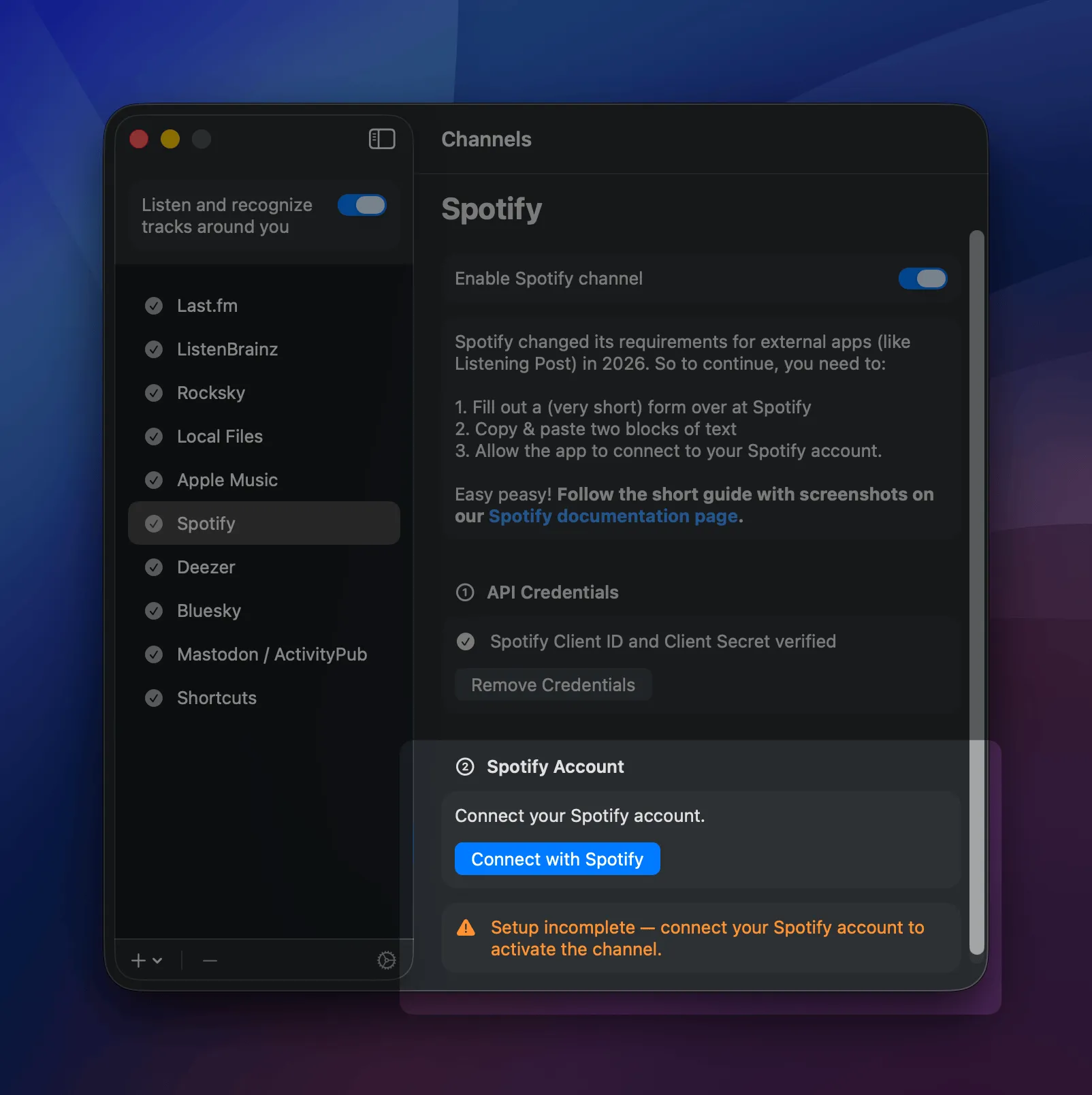 Spotify channel configuration