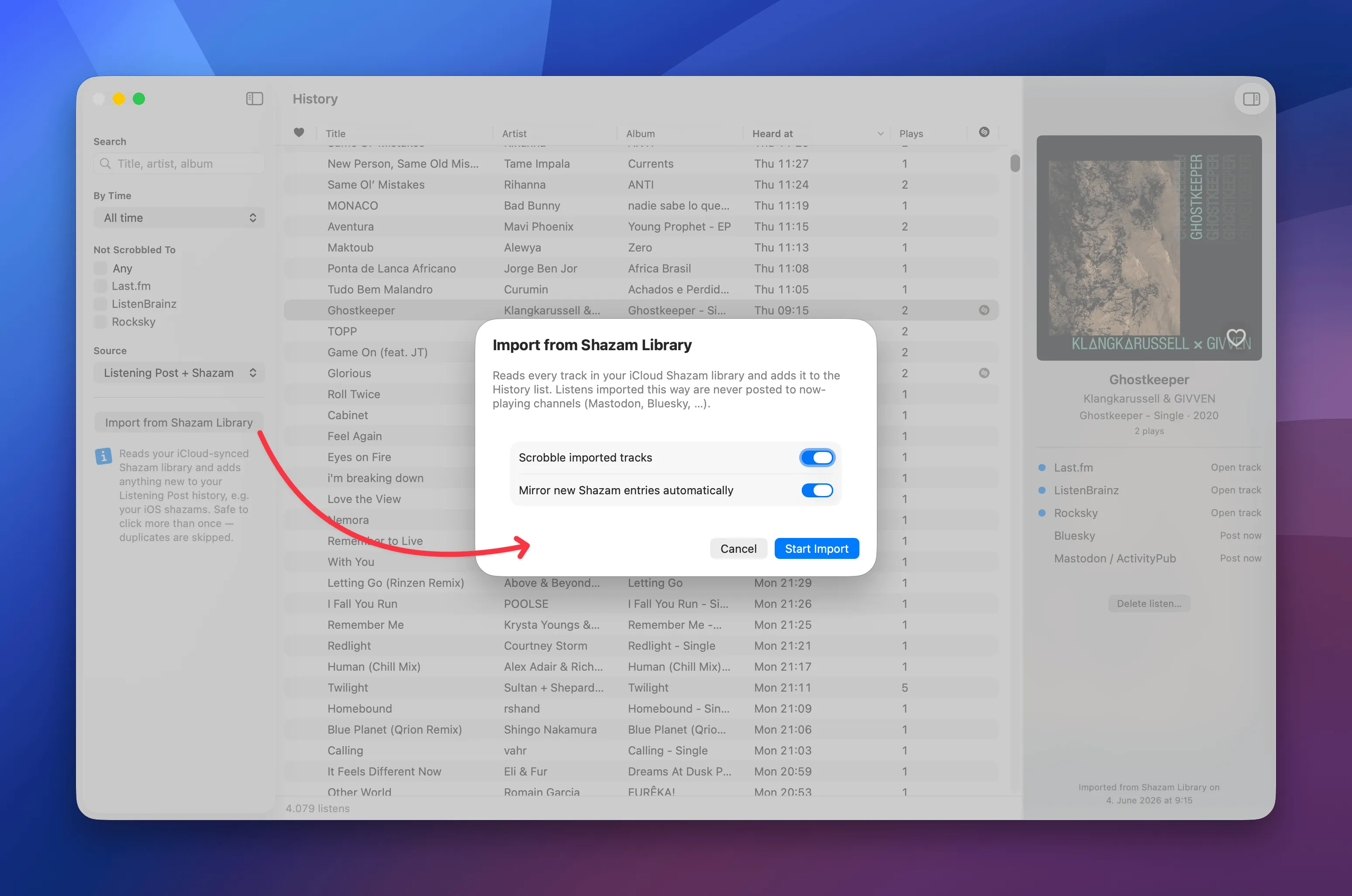 The Import from Shazam Library dialog with its two switches