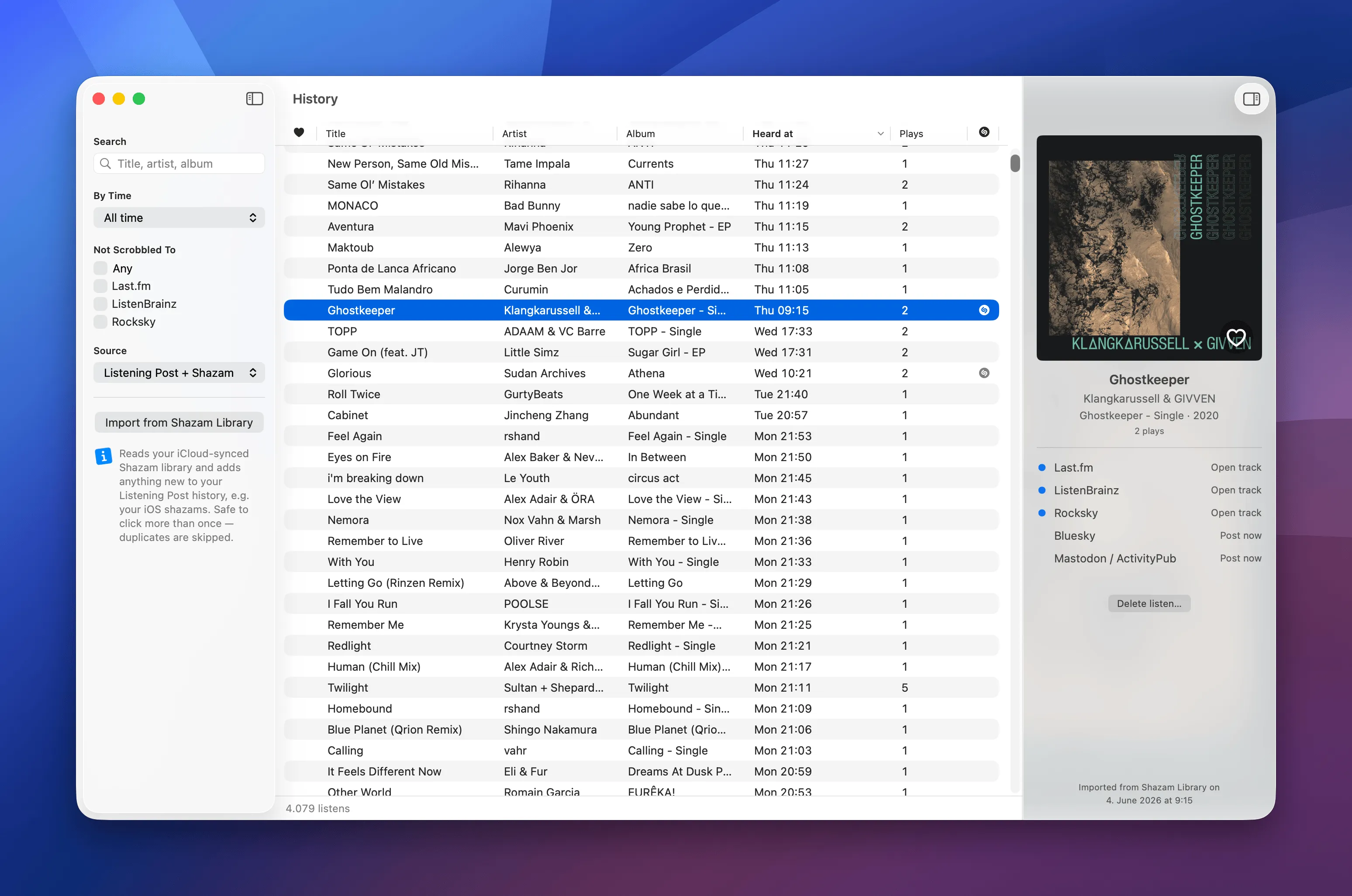 The Listening Post History window: sidebar, track list, and inspector