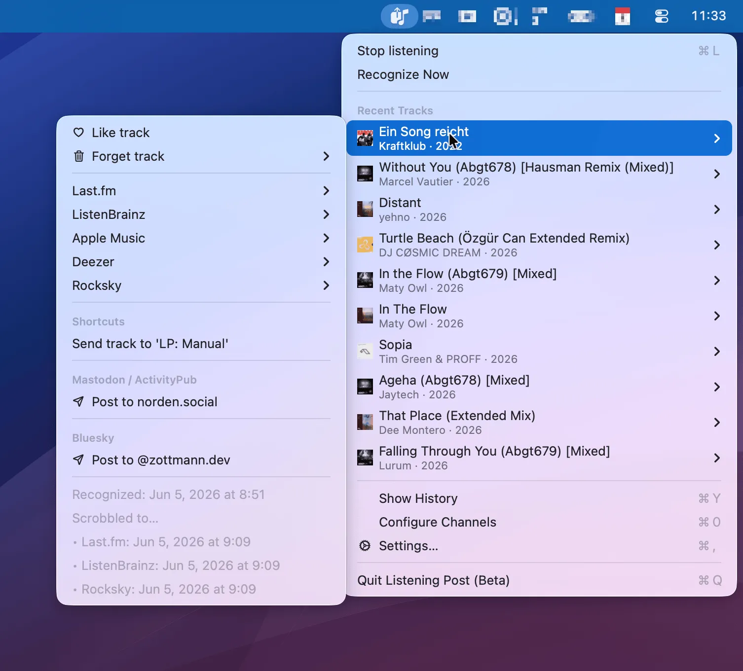 Listening Post's menu bar menu with a recent track's submenu open