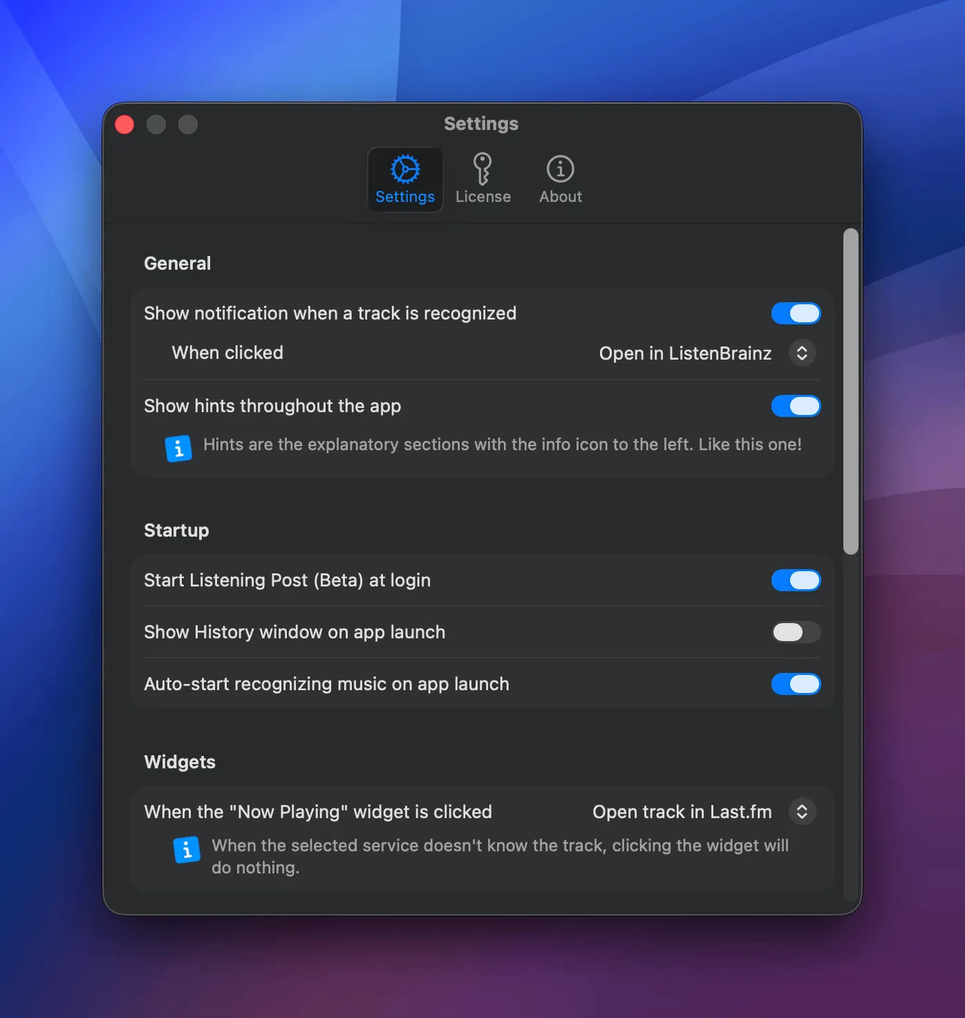 The Listening Post Settings window
