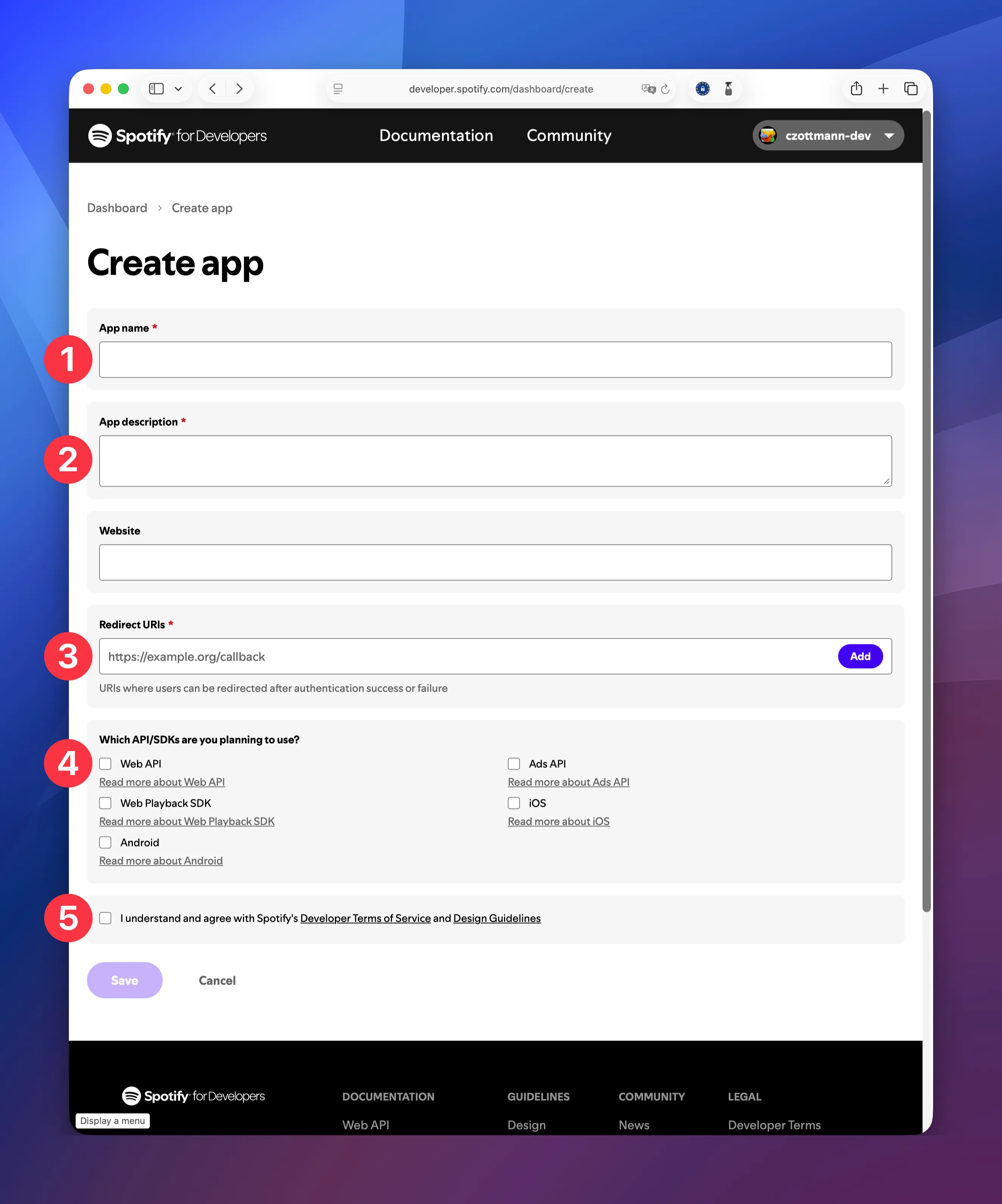 Spotify for Developers: Create app form