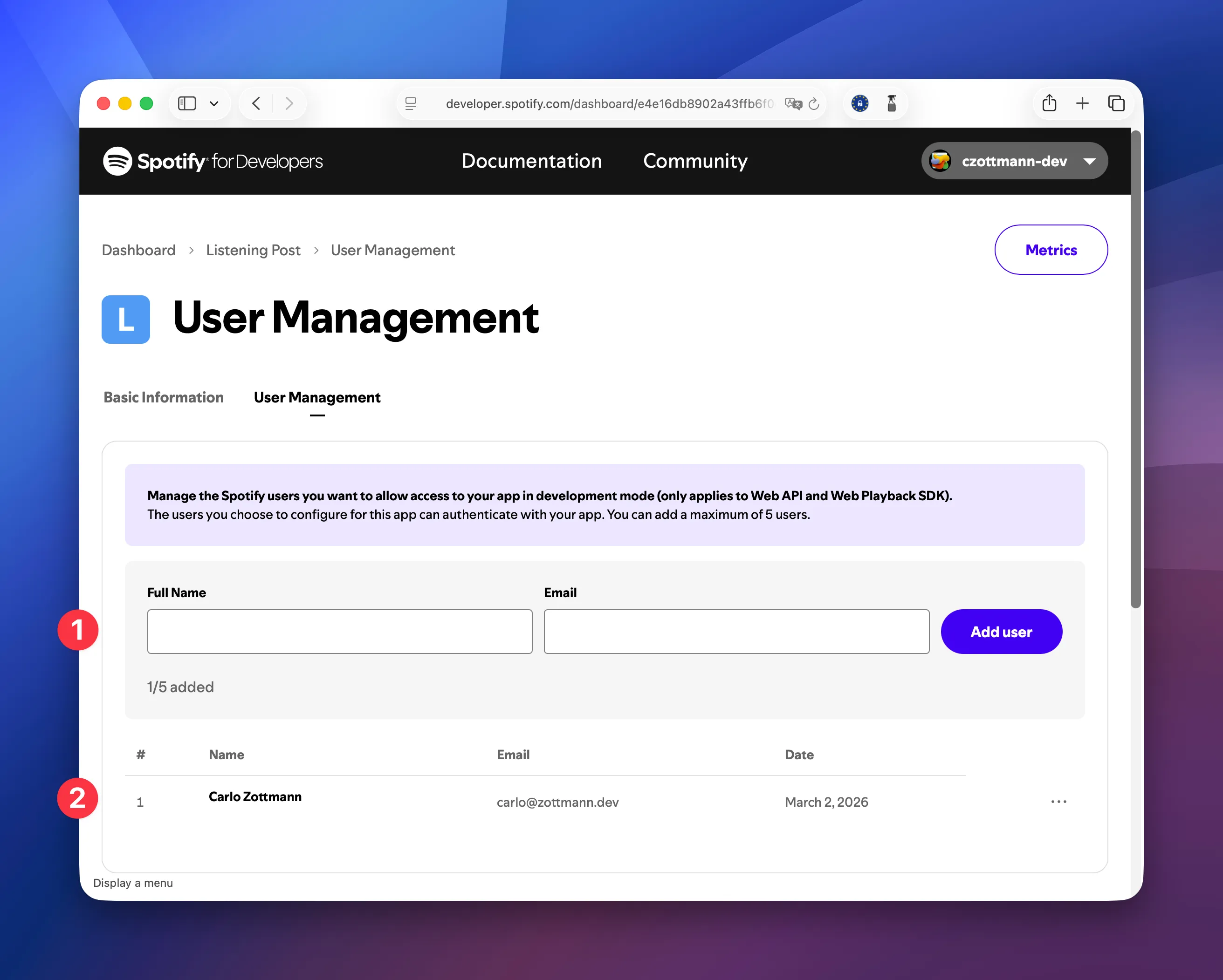 Spotify for Developers: User Management page