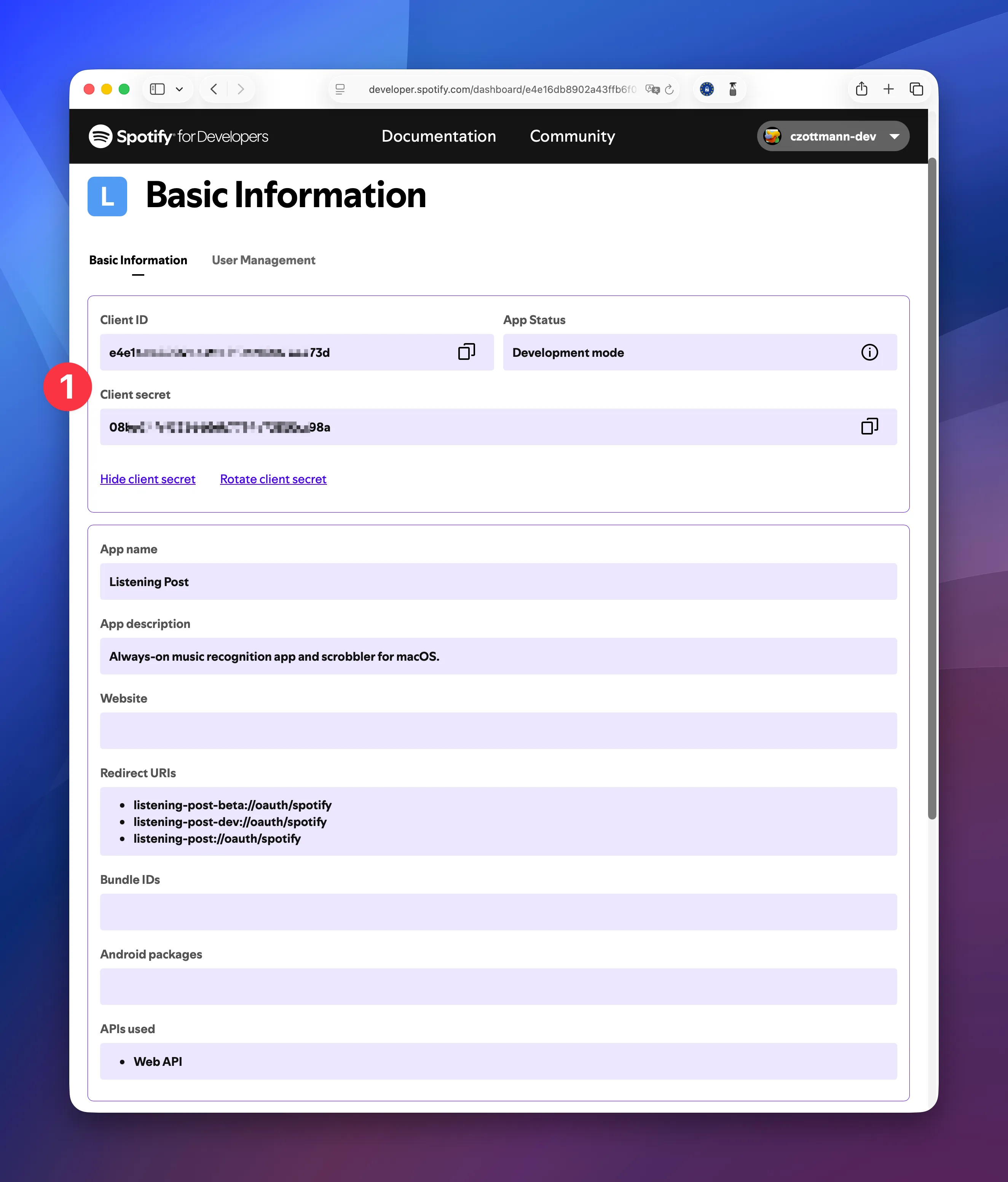 Spotify for Developers: Basic Information page showing Client secret