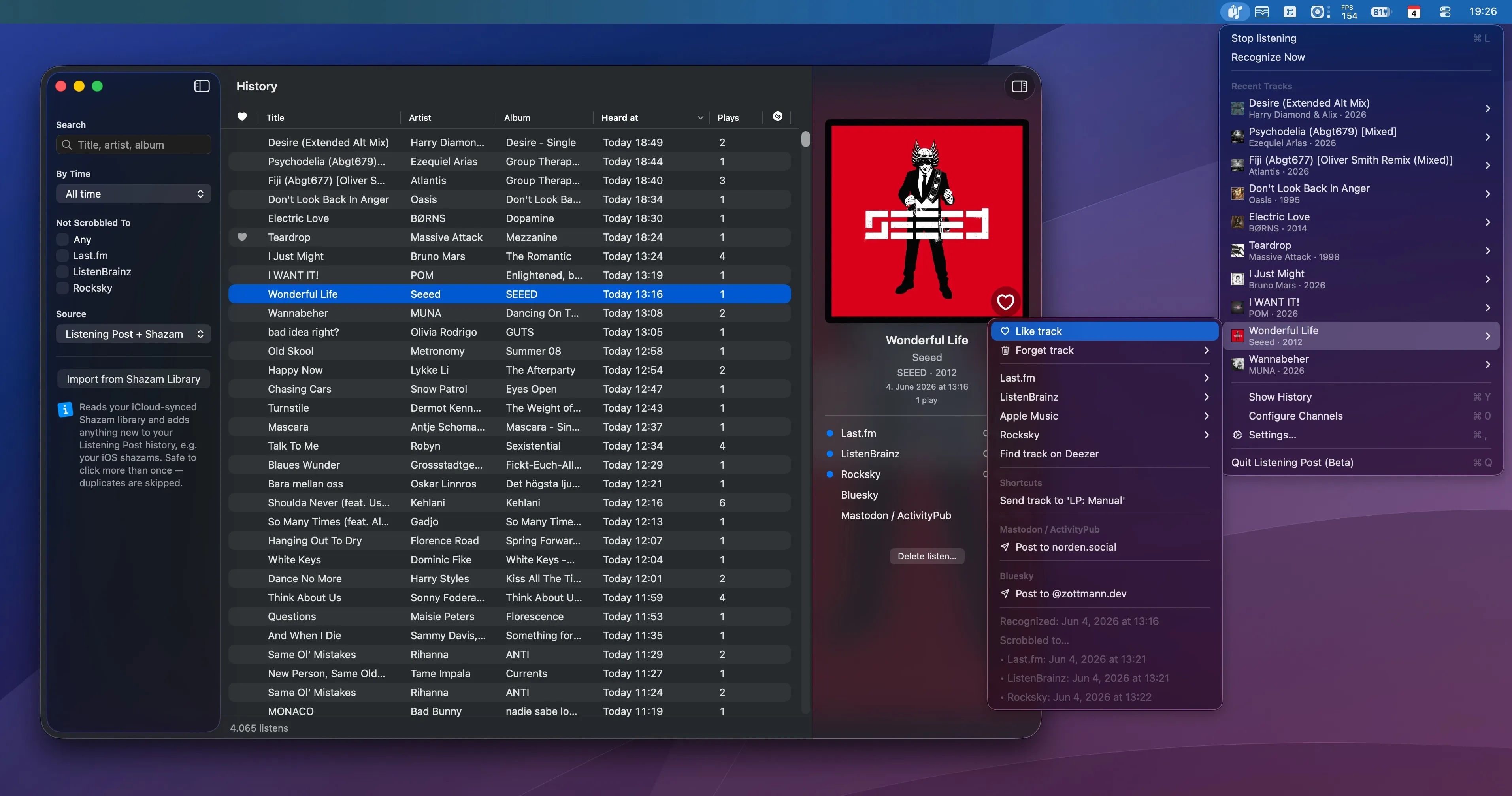 Listening Post's History window with the menu bar track menu open